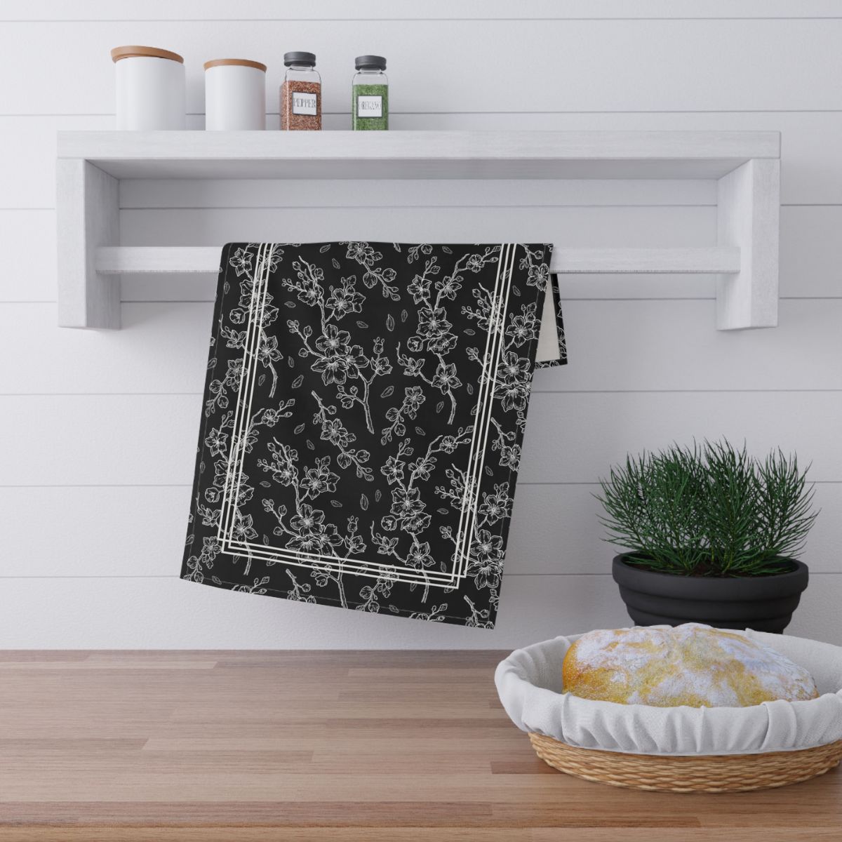 Tea Towel | Floral Tea Towel | Kitchen Towel | Cherry Blossom | Black