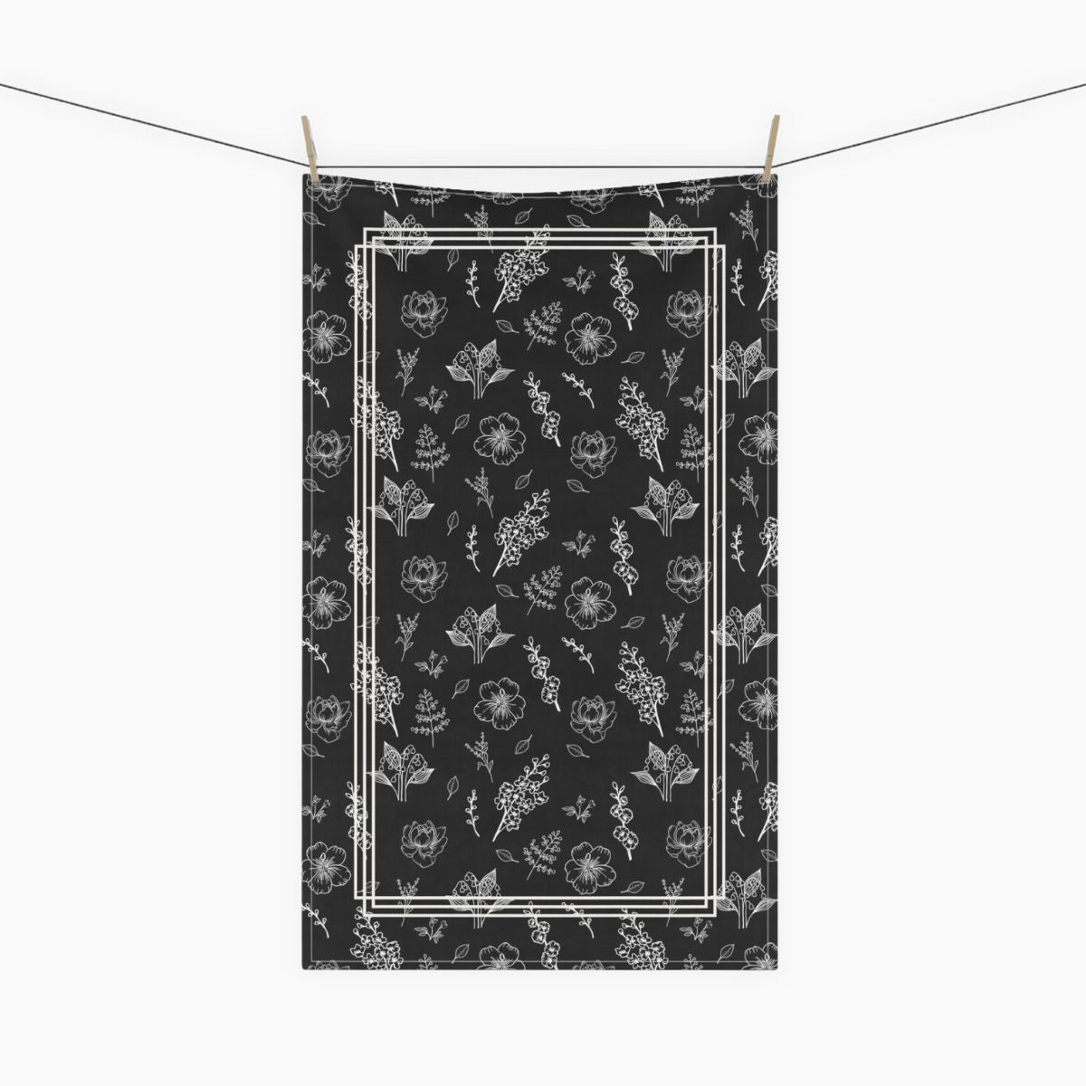 tea towel, kitchen towel, floral, delicate flower, black