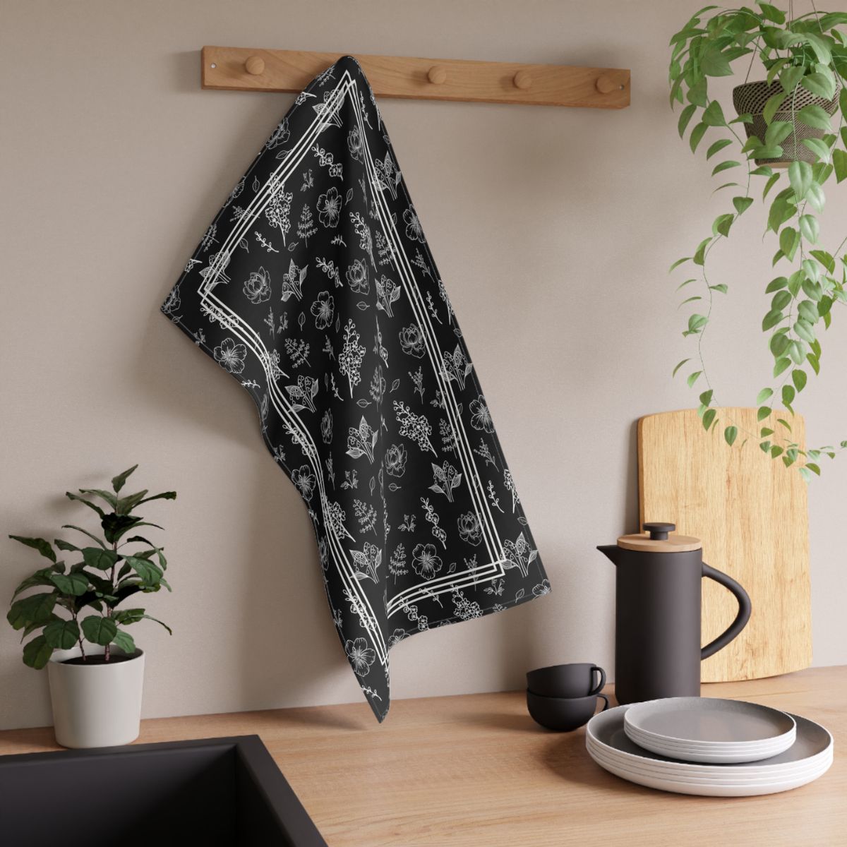 Tea Towel | Floral Tea Towel | Kitchen Towel | Delicate Flower | Black